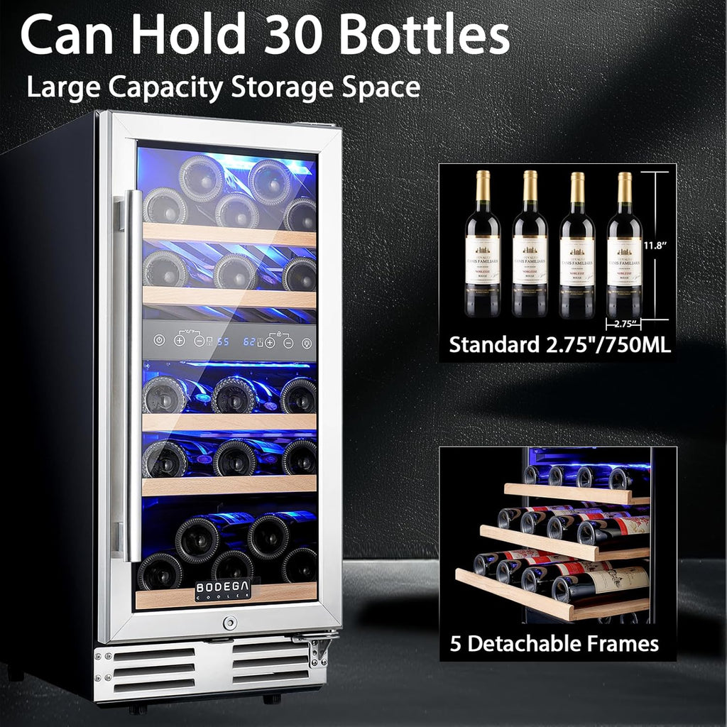 15 Inch Dual Zone Wine Fridge, 30 Bottle, Black 15” Wine Cooler Under Counter Fo