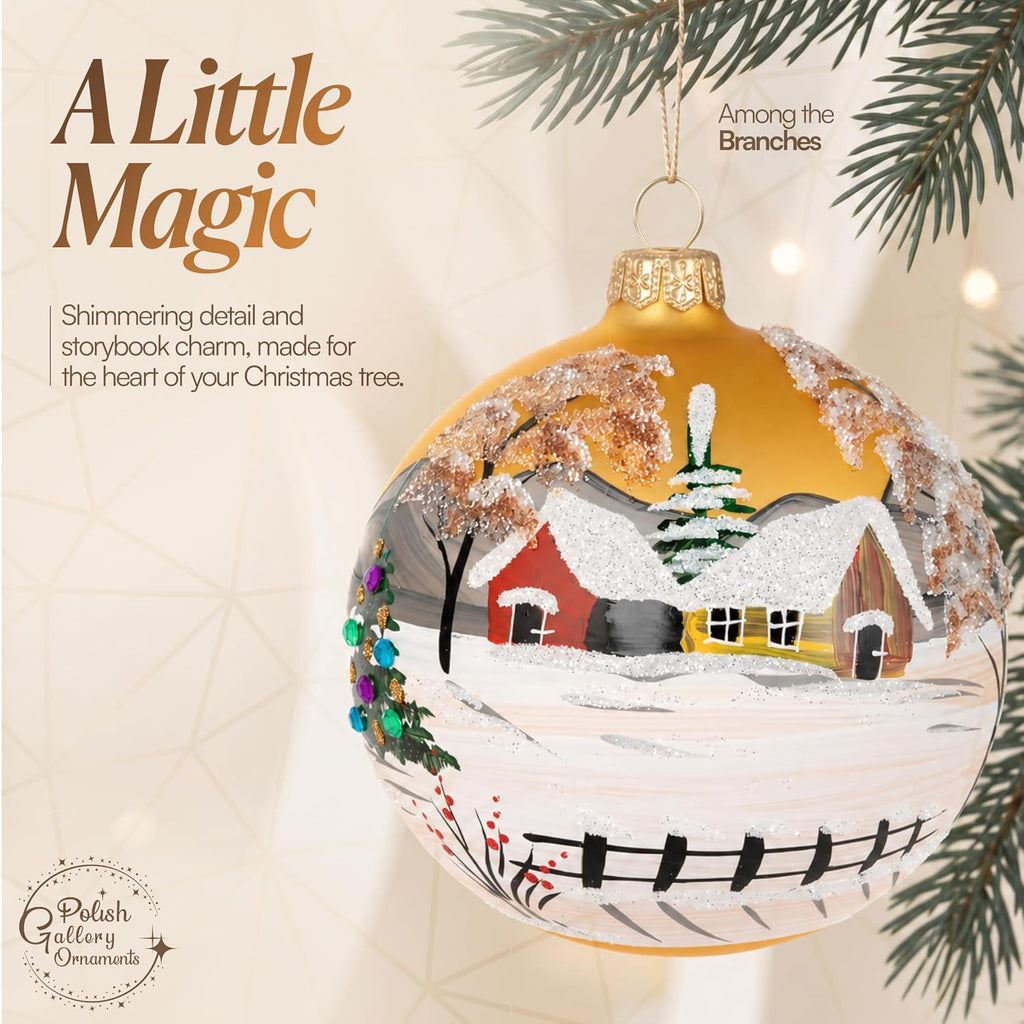 Hand Blown Glass Ball Christmas Ornament, 5 in, Countryside Gold