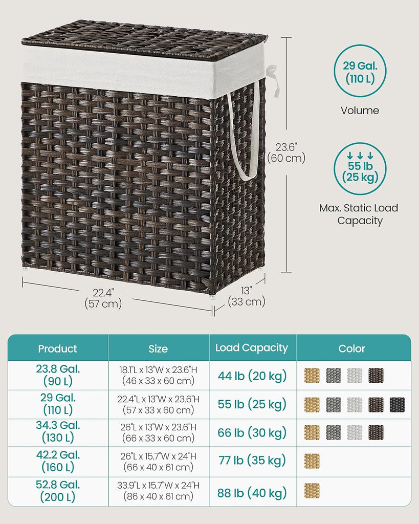 Laundry Hamper with Lid, 110L Wicker Laundry Basket | 6 Mesh Bags, 2 Removable Liner Bags, 13 x 22.4 x 23.6 Inches