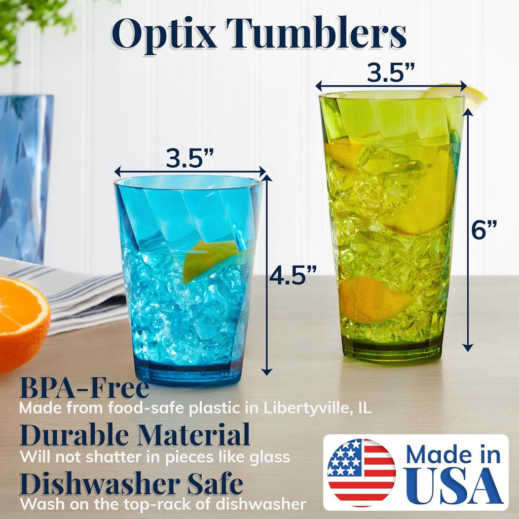 Optix Plastic Reusable Drinking Glasses (Set of 16) 14oz Rocks & 20oz Water Cups in Jewel Tone Colors | BPA-Free