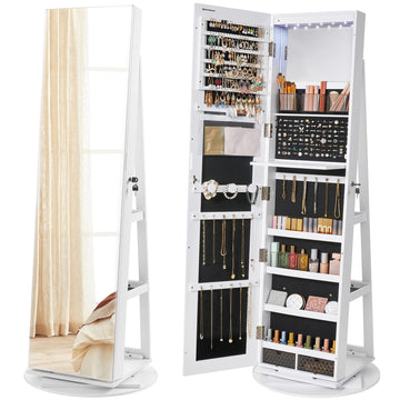 6 LEDs Mirror Jewelry Cabinet Organizer, 360° Swivel, Lockable