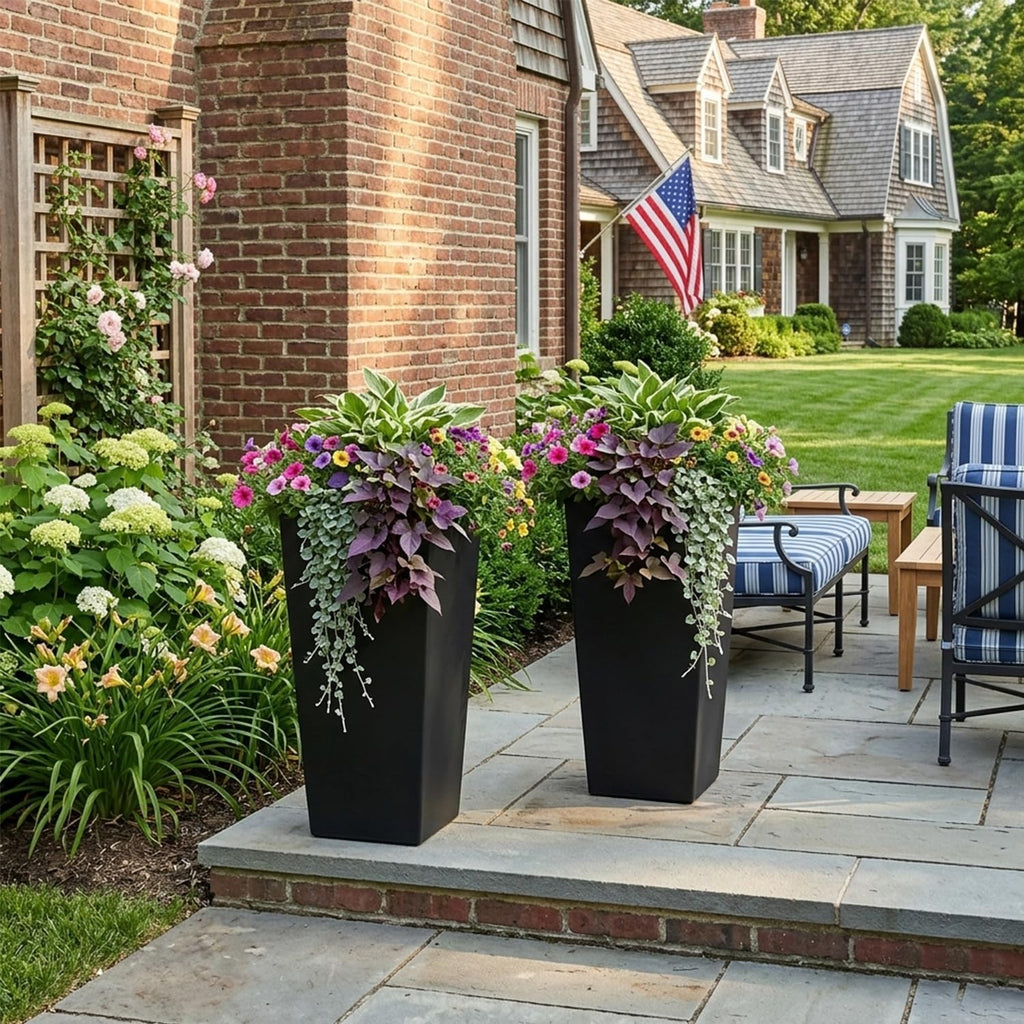 27" Tall Planters for Outdoor Indoor, Set of 2 with Drainage | Black Planter,Large Flower Pots, Drainage & Inner