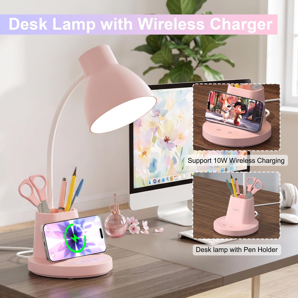 10W Wireless Charging LED Desk Lamp with Pen Holder, CRI 95, Pink