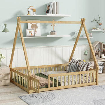 Tent Floor Bed for Kids, Montessori Floor Bed with Door and Guardrails, Teepee Bed for Girls