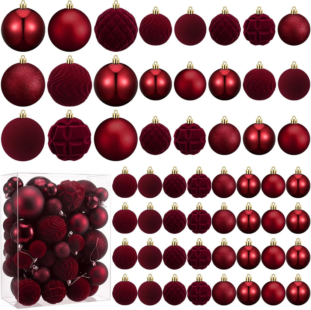 56 Pcs Burgundy Velvet Christmas Balls Ornaments Set