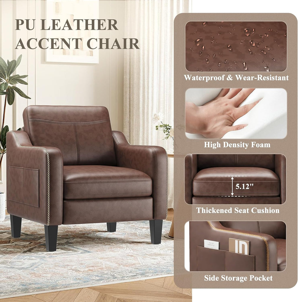 PU Leather Accent Chair, Mid-Century Modern Living Room Armchair Sofa with Removable Cushions & Stitched - Set of 2