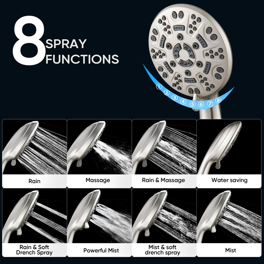 8-Setting Handheld Shower Head, Water-Saving Design, Brushed Nickel