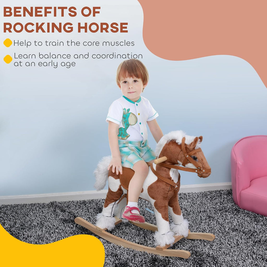 Wooden Toddler Rocking Horse Kids Plush Ride-On Animal Rocker Brown