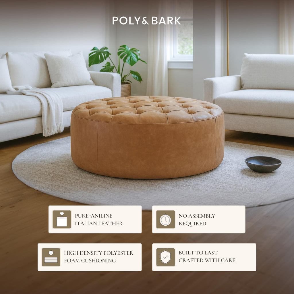 Ascot Ottoman - 40" Round Pouf with Feather-Down Topper - Full-Grain Leather Upholstered Pouf Ottoman - Vintage