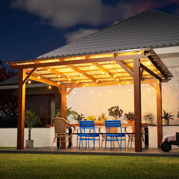 13' x 10' Wooden Garden Gazebo with Metal Roof, Spacious Outdoor Patio Pergola Shade Structure for Backyard, Deck