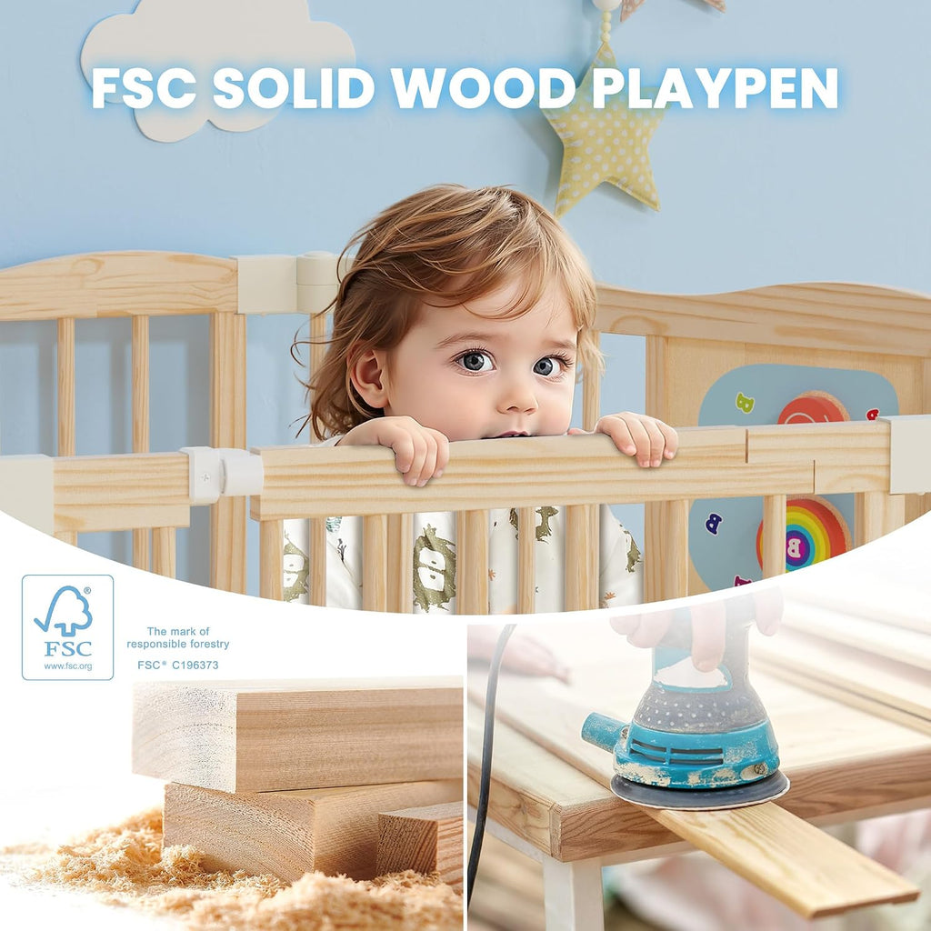 Foldable Wooden Playpen - Adjustable Wood Baby Play Yard with Child-Proof Lock, Indoor Large Safety Fence for Babies