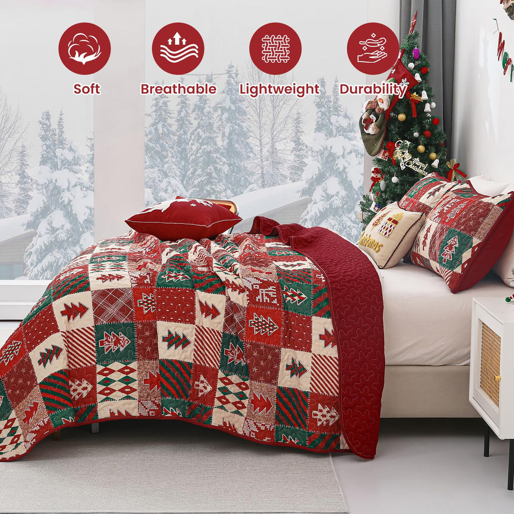 Christmas Quilt King Size, 3 Pcs Red Bedspread Bedding Set