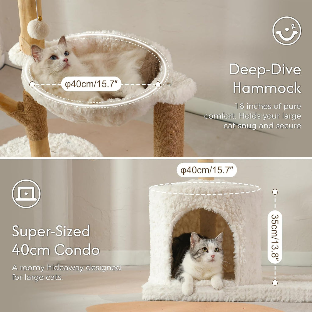Modern Cat Tree with Hammock 48.5 Inches Cat Tower with Scratching Post, Featuring Real Wood Post, Large