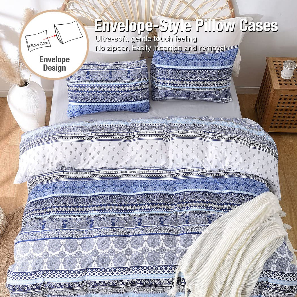 Reversible Boho Duvet Cover Queen Size, Blue and White Geometric