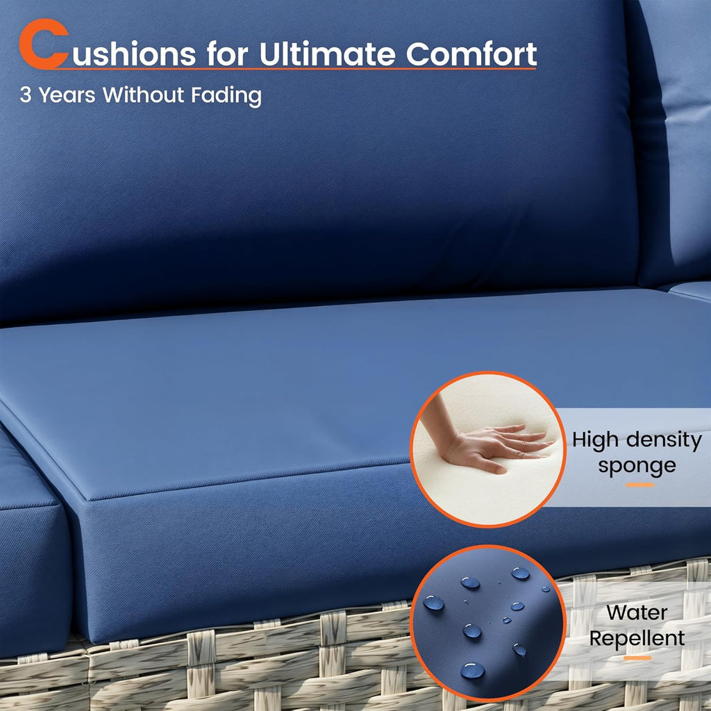 Patio Furniture Set, 7-Piece Outdoor Sectional All-Weather Wicker Patio Conversation Set for Backyard (Navy Blue