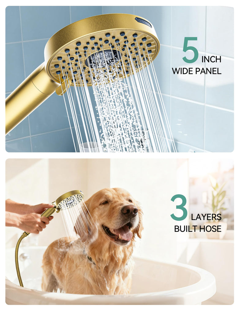 Shower Head with Handheld, High Pressure 10-Spray Detachable Chrome Showerhead with Stainless Steel Hose,Brushed Gold
