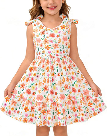 Toddler Girls Summer Dress Bow-Tie Straps V Neck Party Dresses Cute Floral Printed Sleeveless Beach Sundress