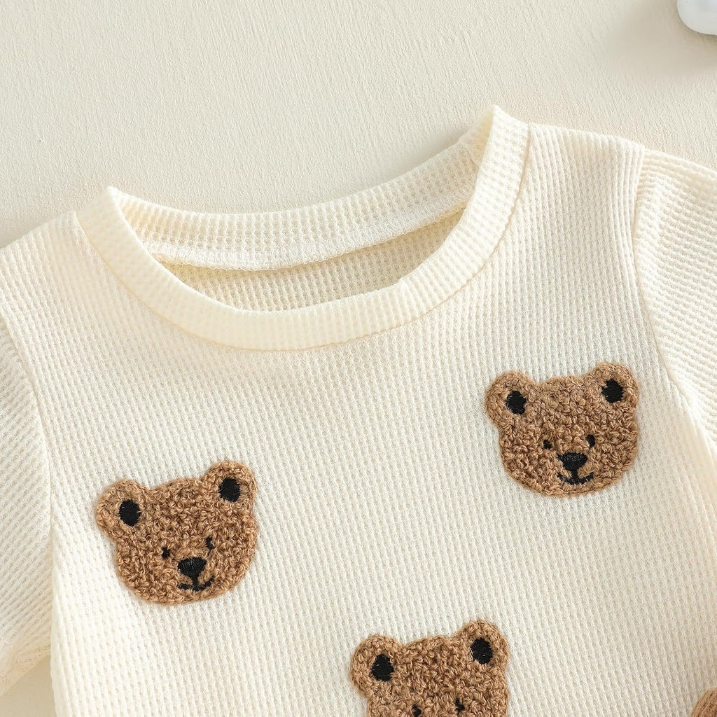 Baby Boy Summer Clothes Bear Embroidery Crew Neck Waffle Short Sleeve Tops Shorts Set 2pcs Toddler Boy Outfits
