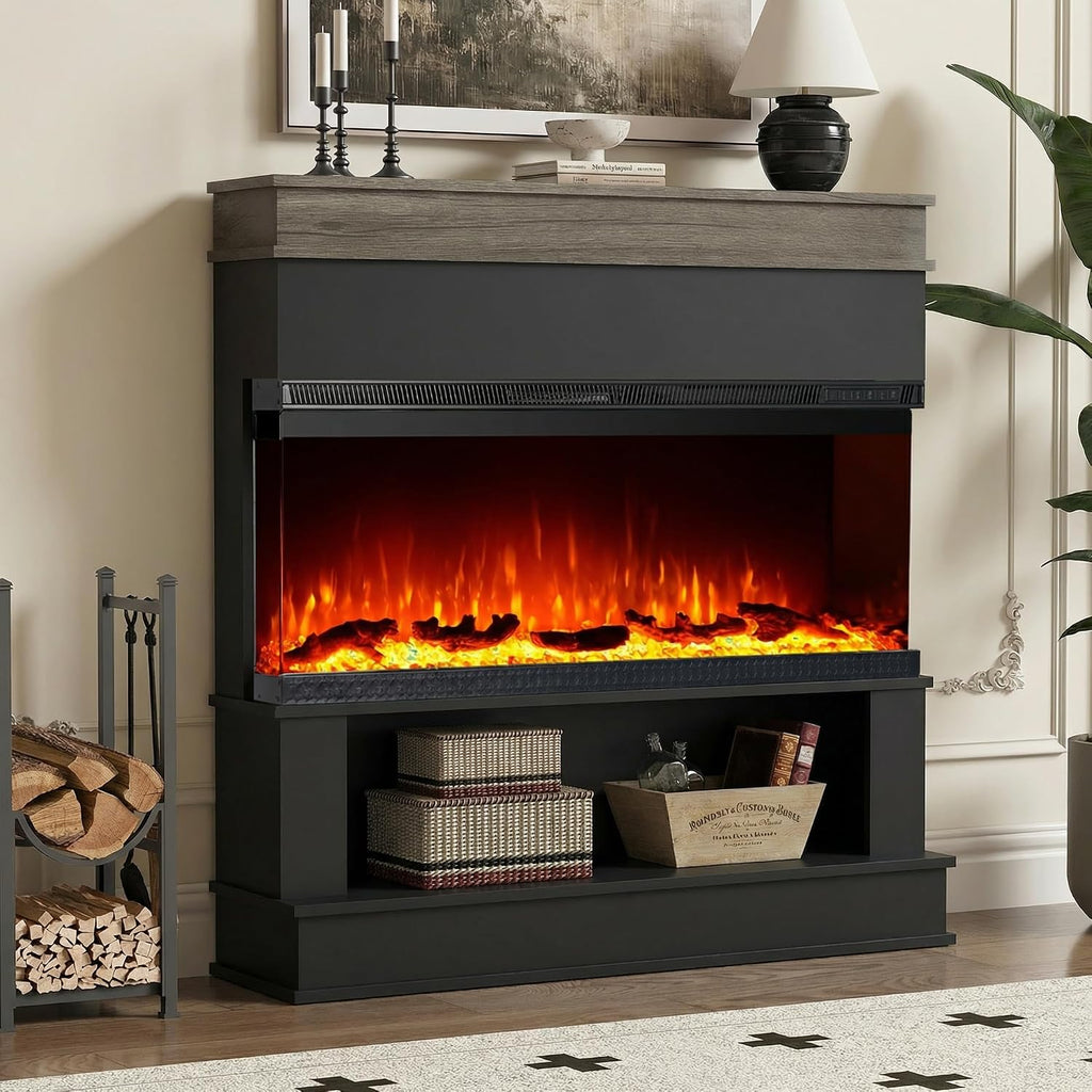 3-Sided View Electric Fireplace Insert - Freestanding Fireplace Minimalist Mantel - 12 Color Flame Effect - 1500/750