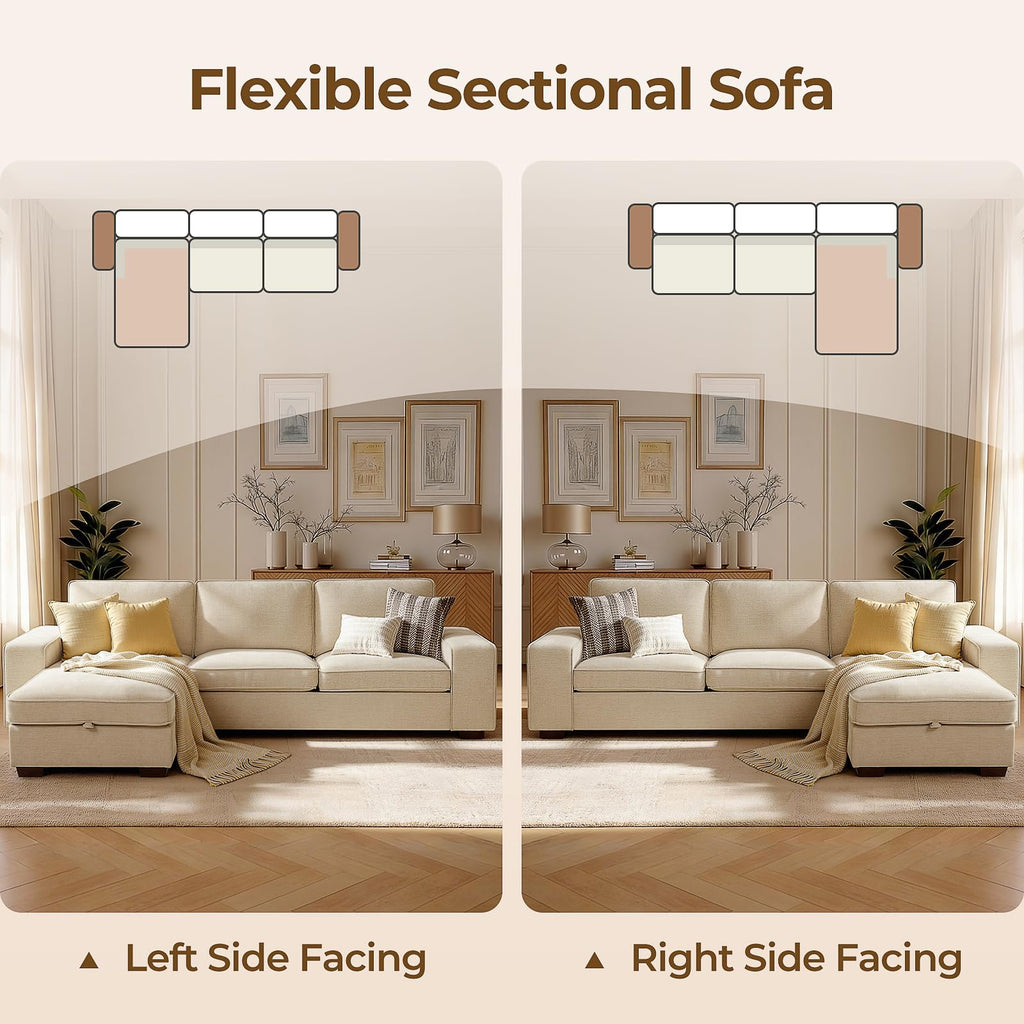 97in L-Shaped Sectional Sofa with Storage Chaise, 3-Seater Couch, Beige