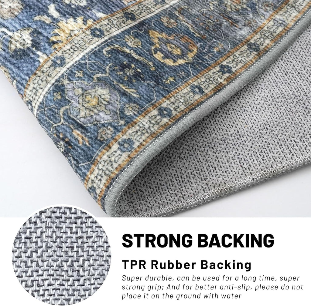 Vintage Washable Runner Rug, 2x8 Blue Grey Beige Runners