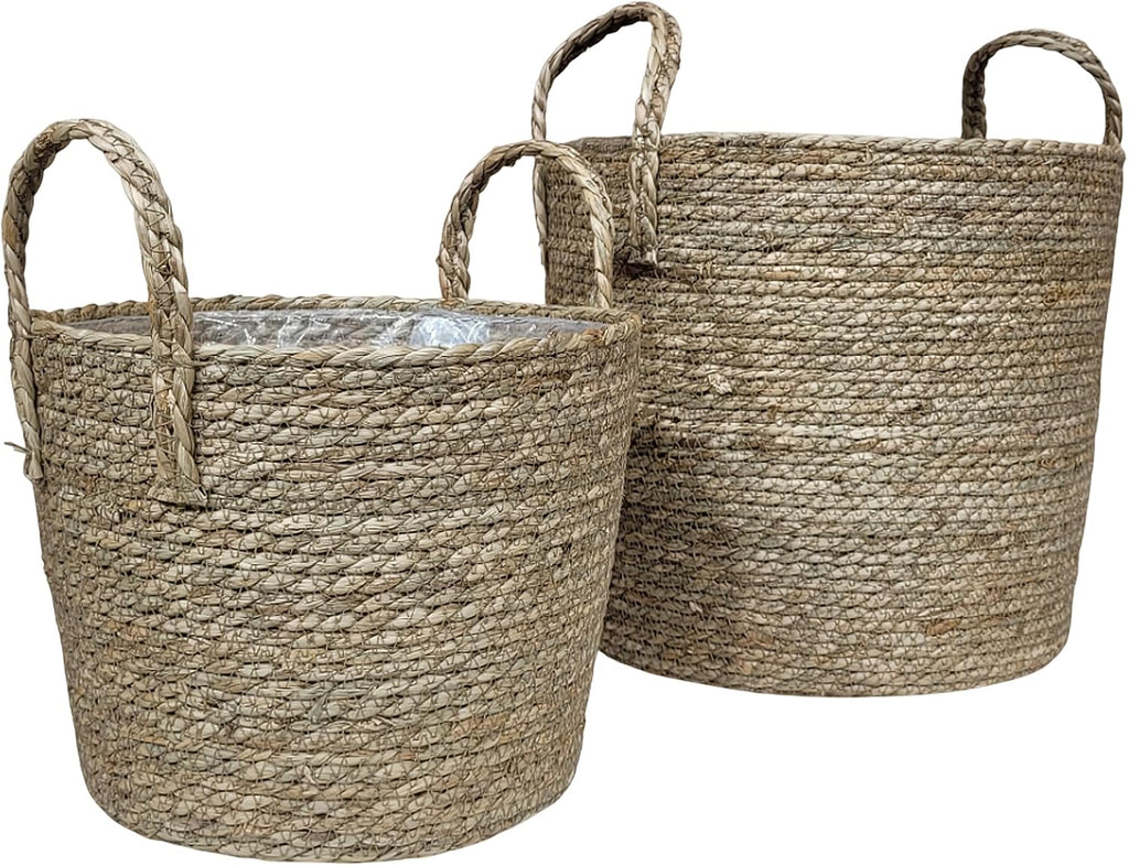 Set of 2 Woven Seagrass Planter Baskets with Handles - Handwoven Plant & Flower Pots for Indoor or Outdoor Use