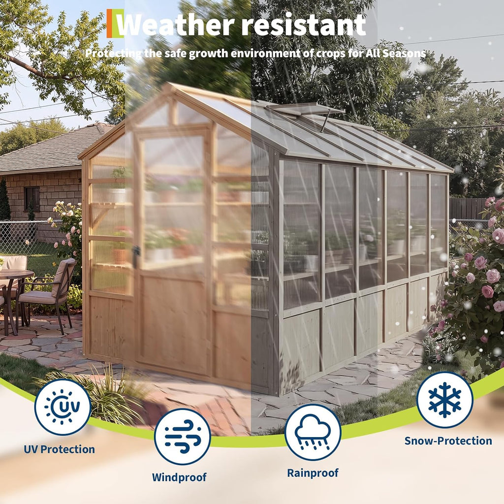 Large Wood Frame Greenhouse for Outdoor - Wooden Walk-in Greenhouse Kit with Polycarbonate Panels, Ventilated Window