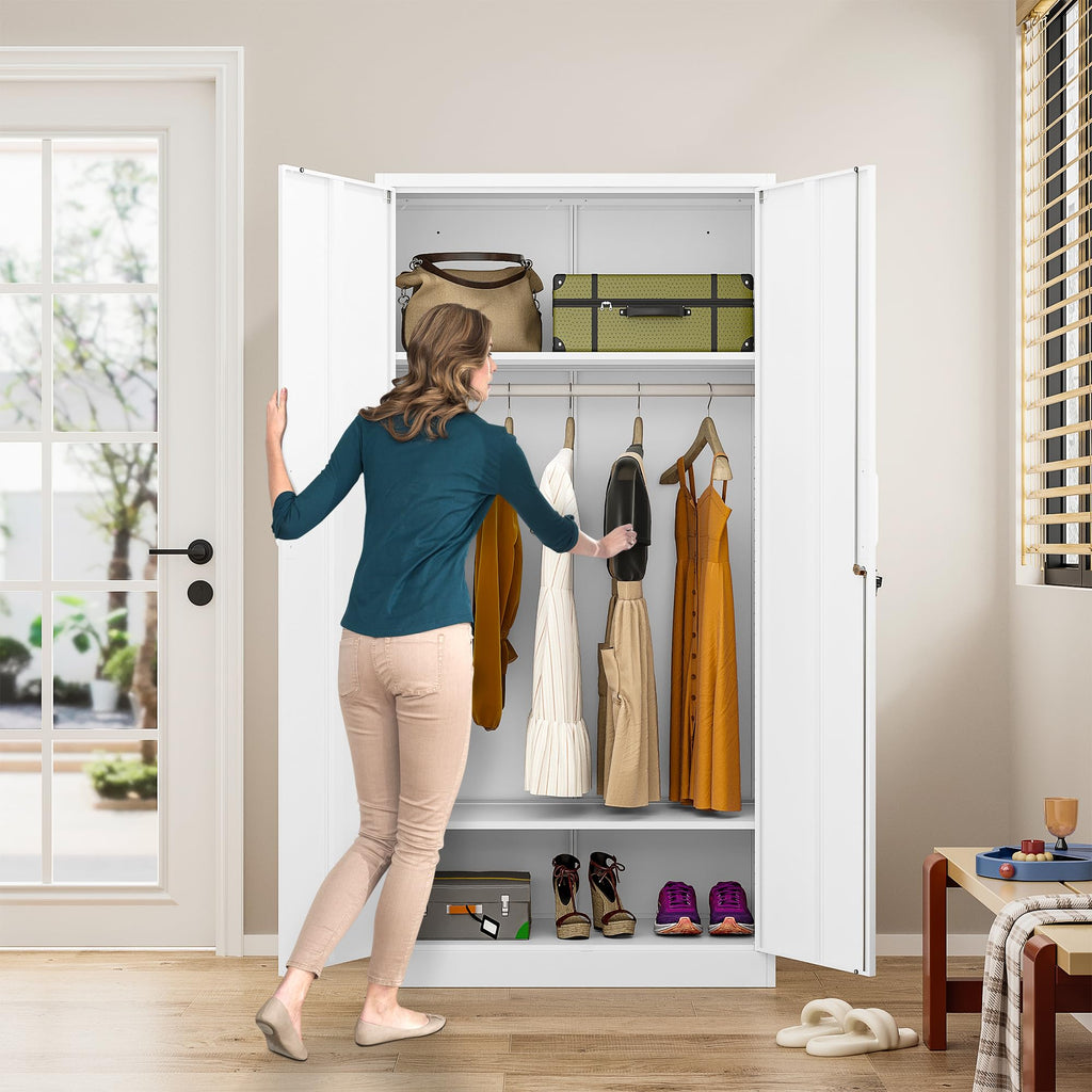 Metal Wardrobe Cabinet with Hanging Rod & Lock, White Armoire Wardrobe Closet, Metal Clothing Storage Cabinet with