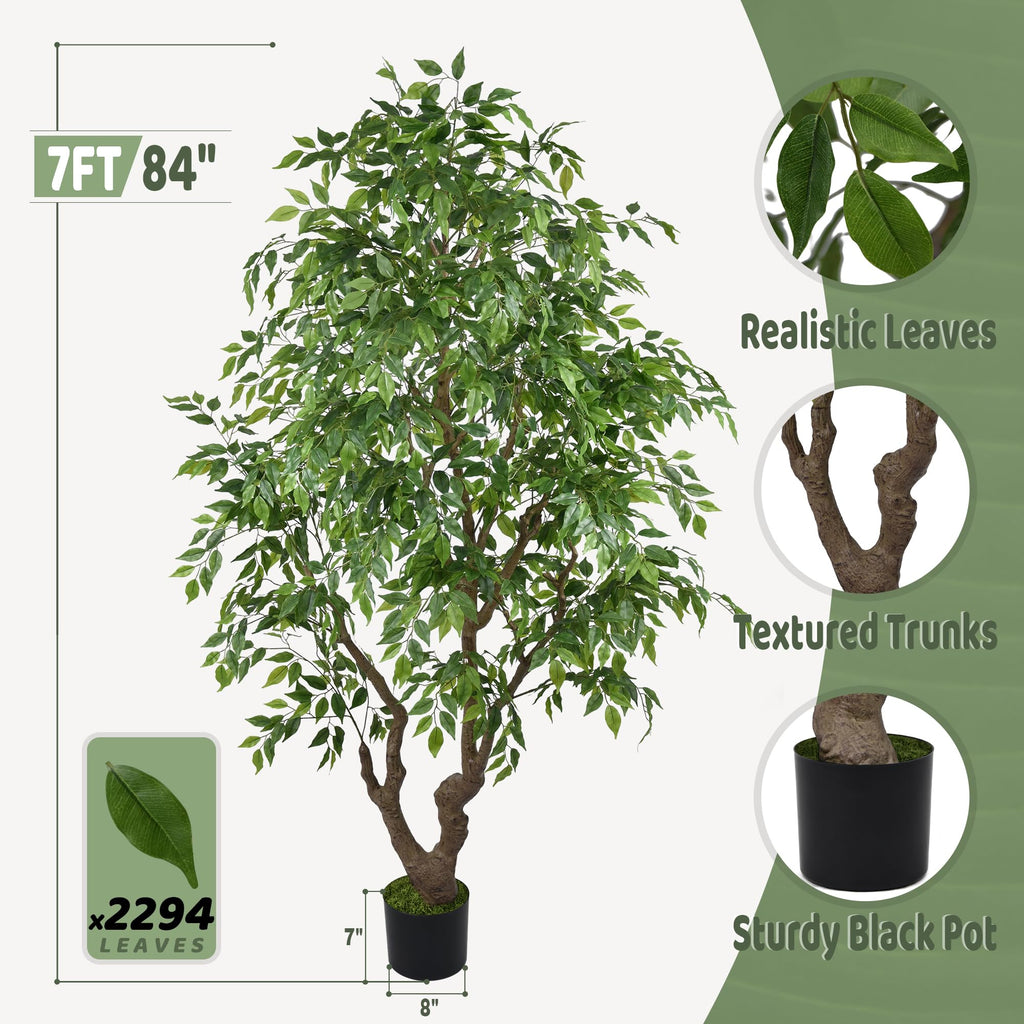Artificial Ficus Tree 7FT with 2294 Leaves & Black Pot Deluxe
