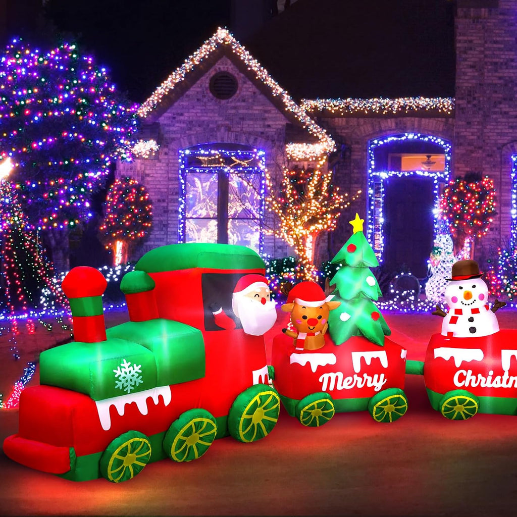10.7 FT Christmas Inflatables Train with Santa Claus Reindeer Snowman Christmas Tress Built-in LED Lights Blow Up