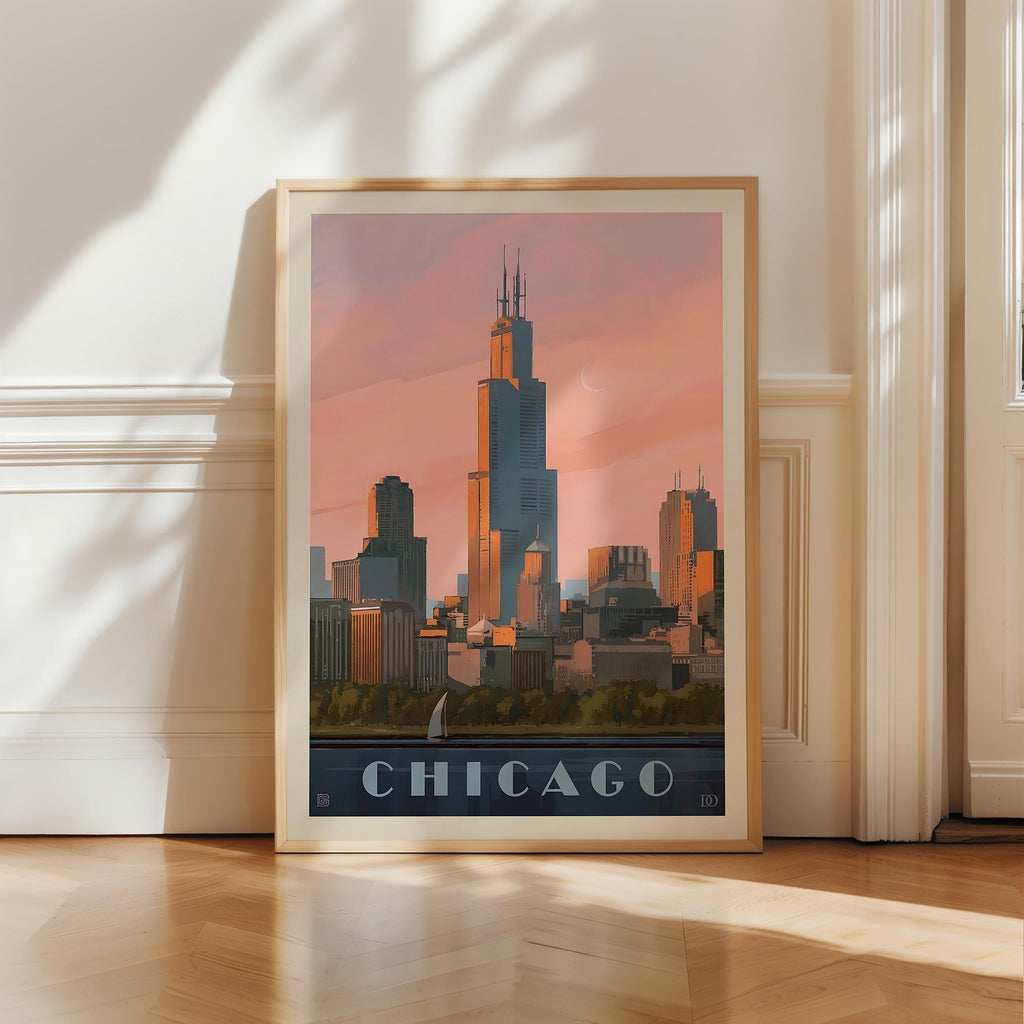 Chicago Vintage Travel Poster, Premium Giclee Fine Prints - Modern Aesthetic Wall Decoration, Eclectic Trendy Boho