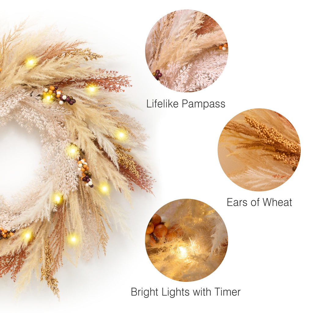 24'' Neutral Fall Pampas Wreath with Lights for Front Door