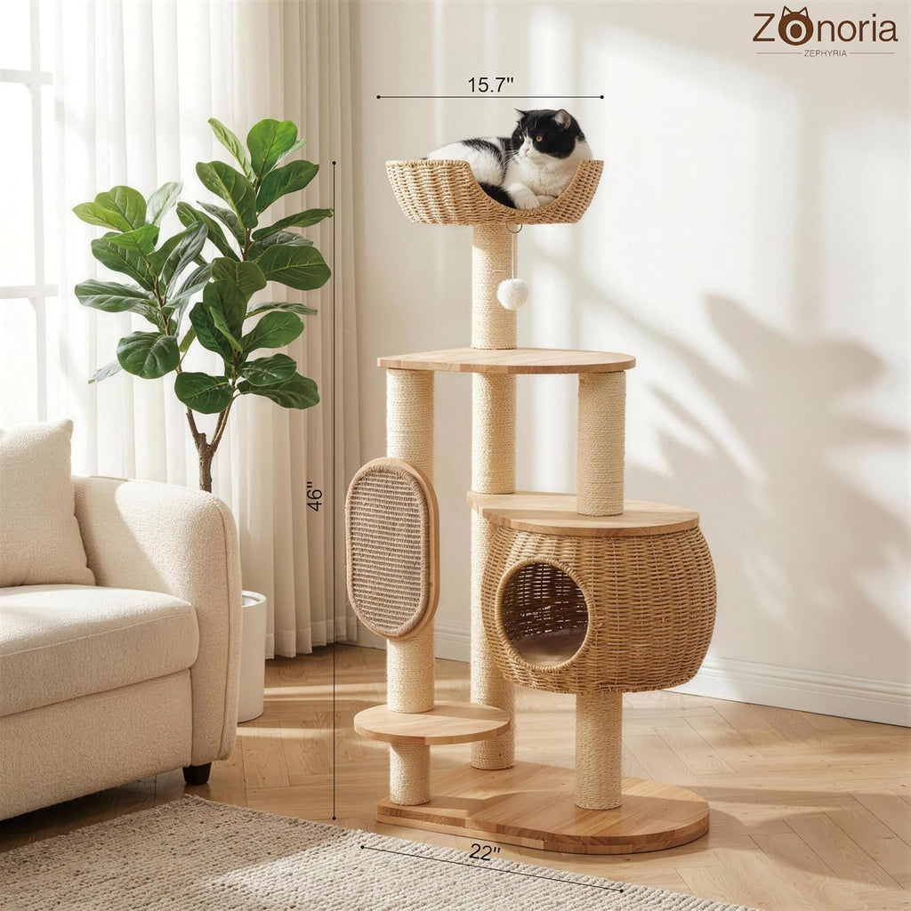 Modern Cat Tree, Cat Tower with Scratching Post, Handwoven Pumpkin Nests and Baskets, Sisal Blanket