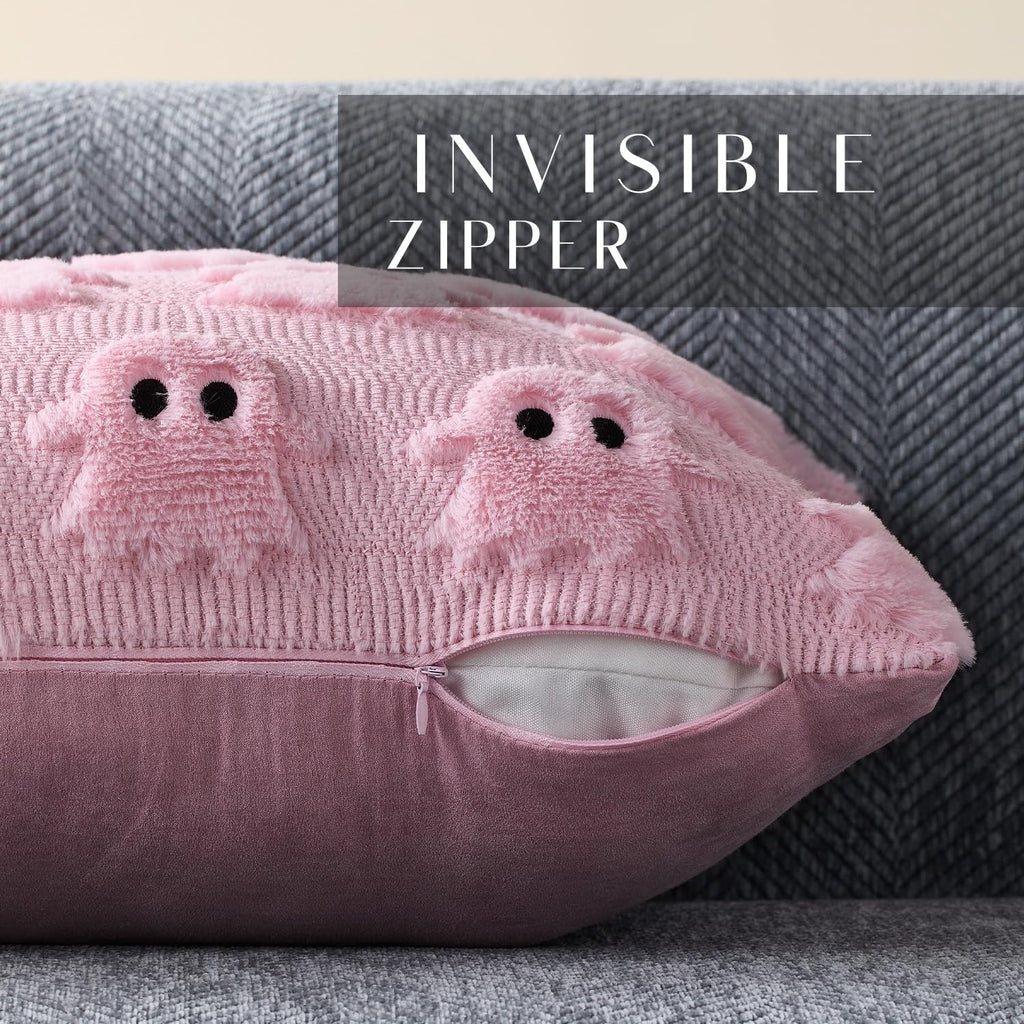 Halloween Pillow Covers 16x16 inch Set of 2 Pink Ghost Throw Pillow Cases Soft Plush Faux Fur Wool Couch Cushion Case