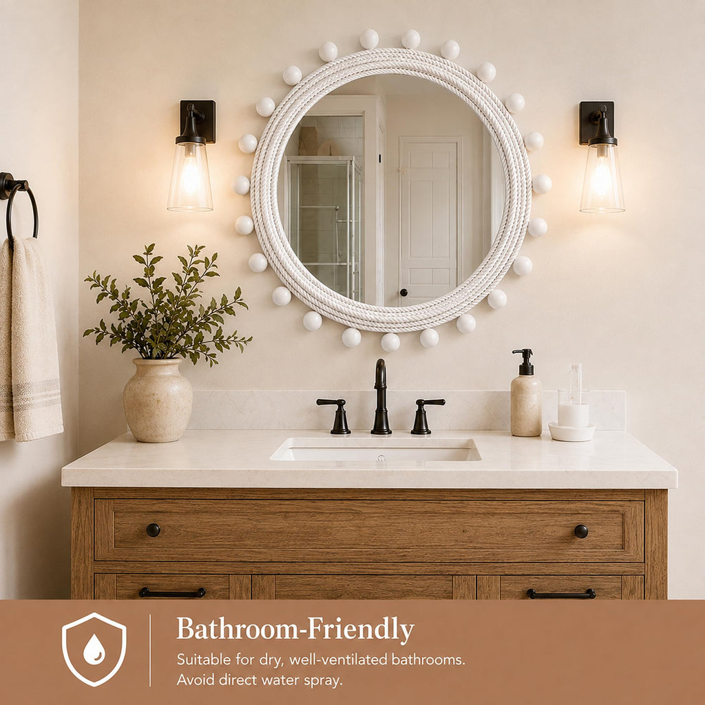 30" Round Rope Wall Mirror with 2 in Whitewashed Wood Beads