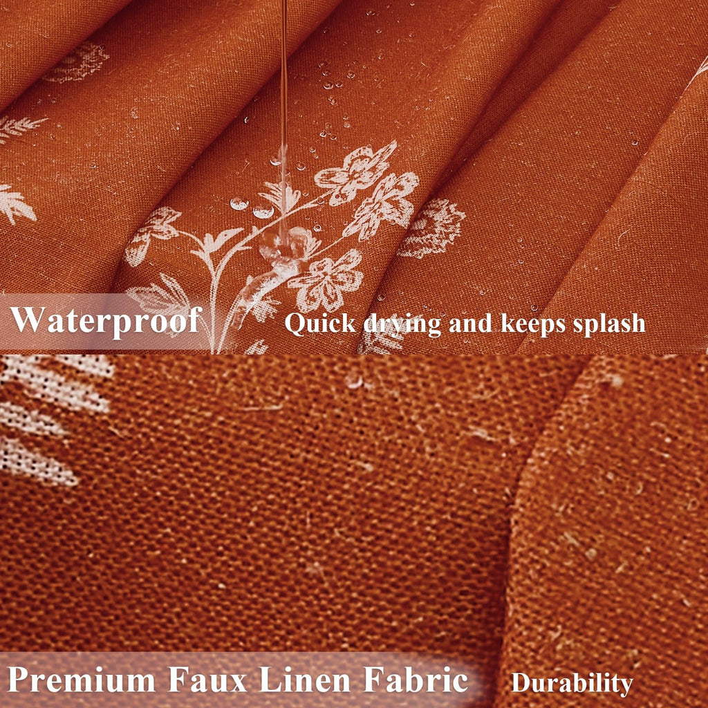 Linen Shower Curtain Terracotta Farmhouse Vintage Floral Shower Curtains Burnt Orange Boho Rustic Curtains Block