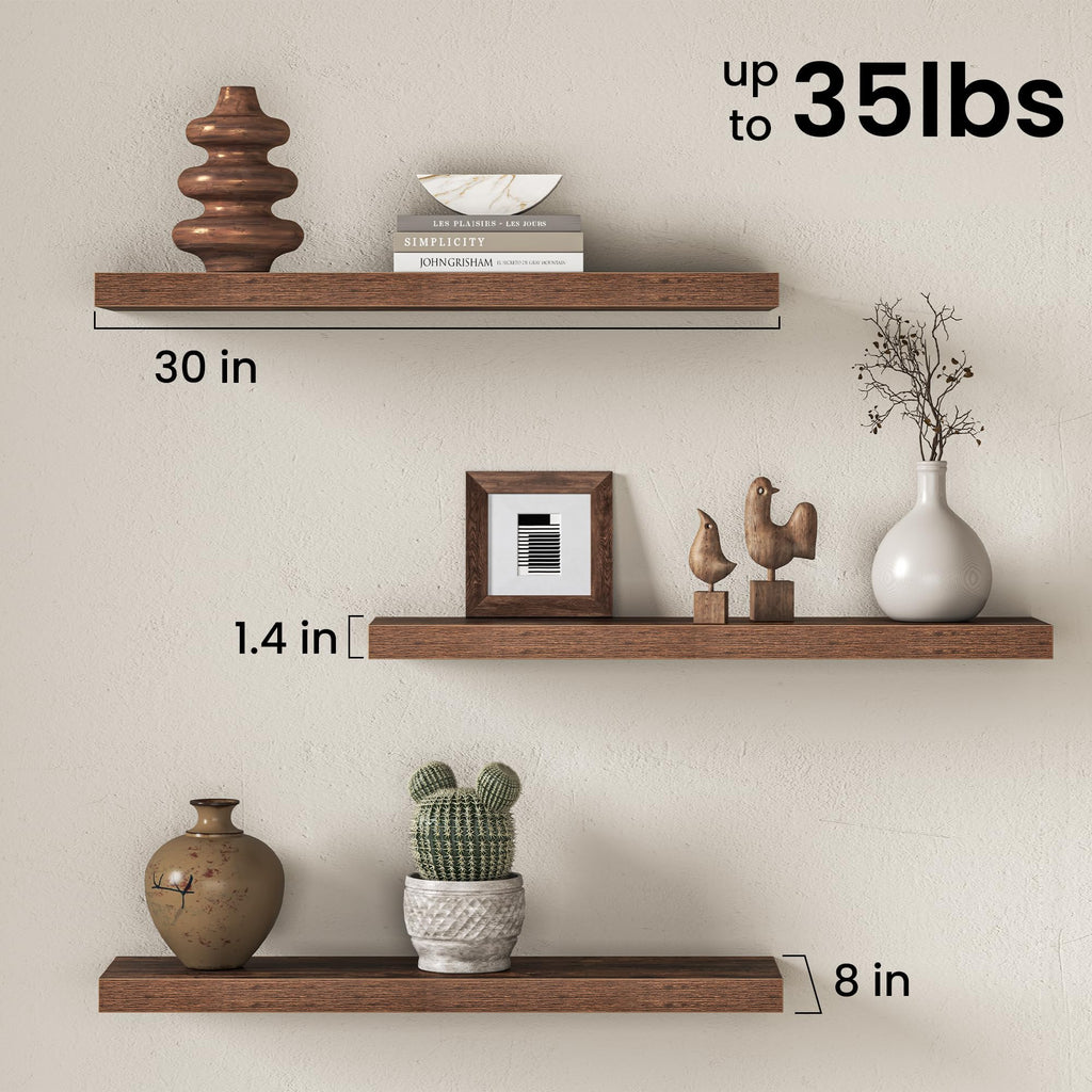 Floating Shelves for Wall - 2 Pack 30 Inch Long Rustic Wooden Display Shelves - 8 Inch Deep Wall Mounted Storage