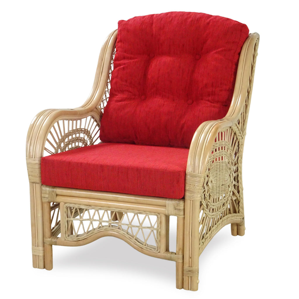 Malibu Lounge Living Accent Armchair Natural Rattan Wicker Handmade Design, Natural Color with Red Cushion