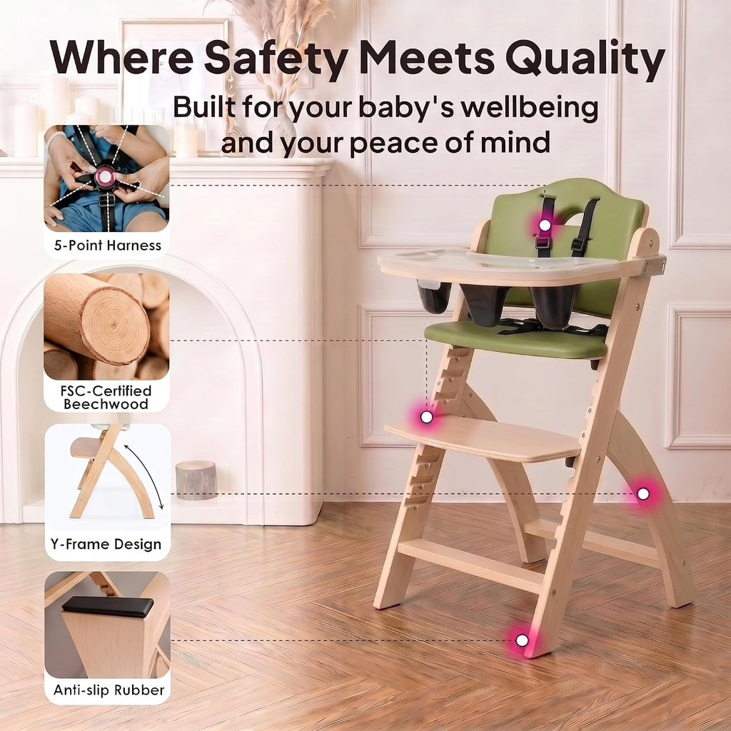 Beyond Junior Convertible Wooden High Chair with Removable Tray - Natural Olive | 3-in-1 Adjustable Highchair for