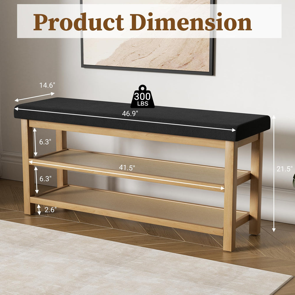 2 Tier Shoe Rack Bench with Cushion, Rubberwood Shoe Benches, Mid-Century Modern Shoe Storage Bench, Closet, Front