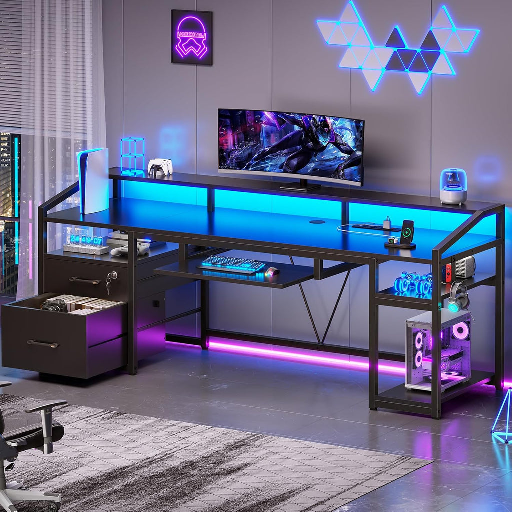 63" Computer Desk, Office Desk with Lockable Drawers for Legal/Letter File, Gaming Desk with LED Lights & Power