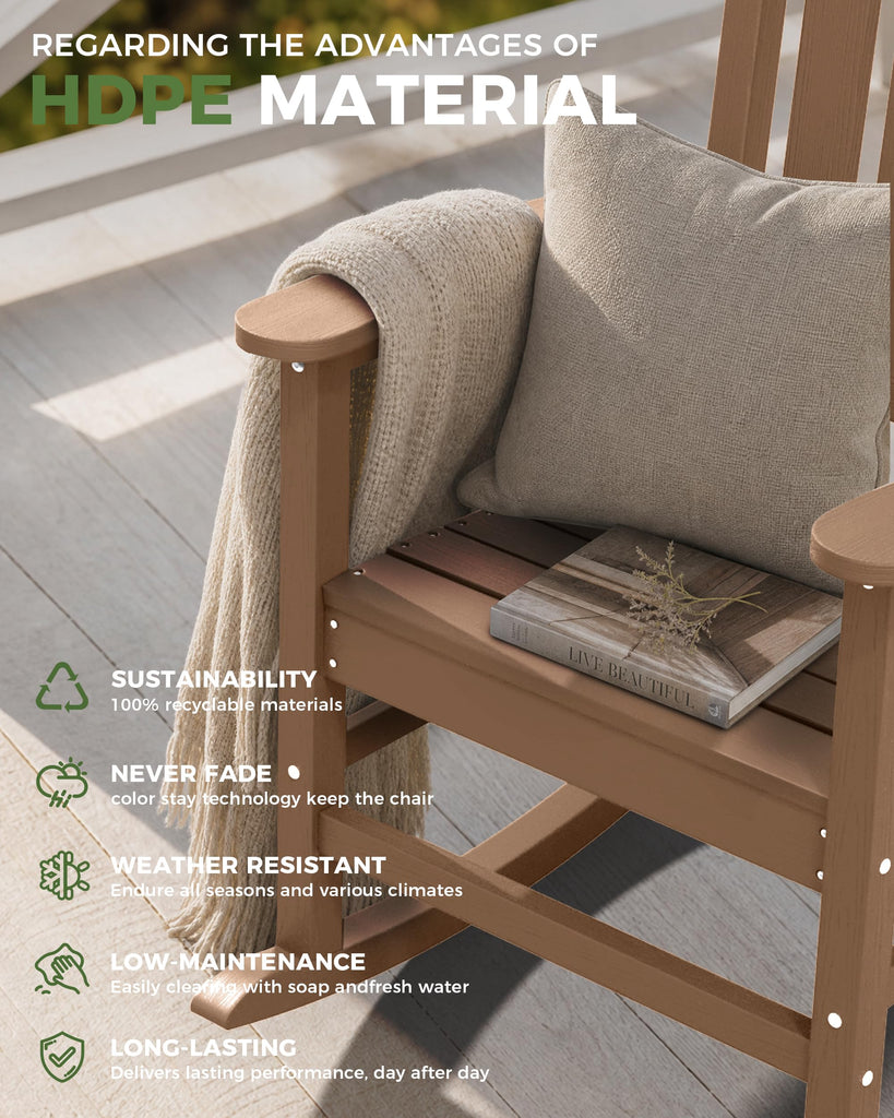 Outdoor Rocking Chair, HDPE Patio Rocking Chair, All Weather, Teak