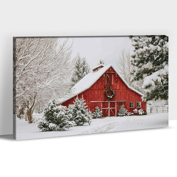 Christmas Vintage Barn Canvas Wall Art, Large Winter Scene Pictures, Red Barn and Tree Snow Wall Decor Artwork
