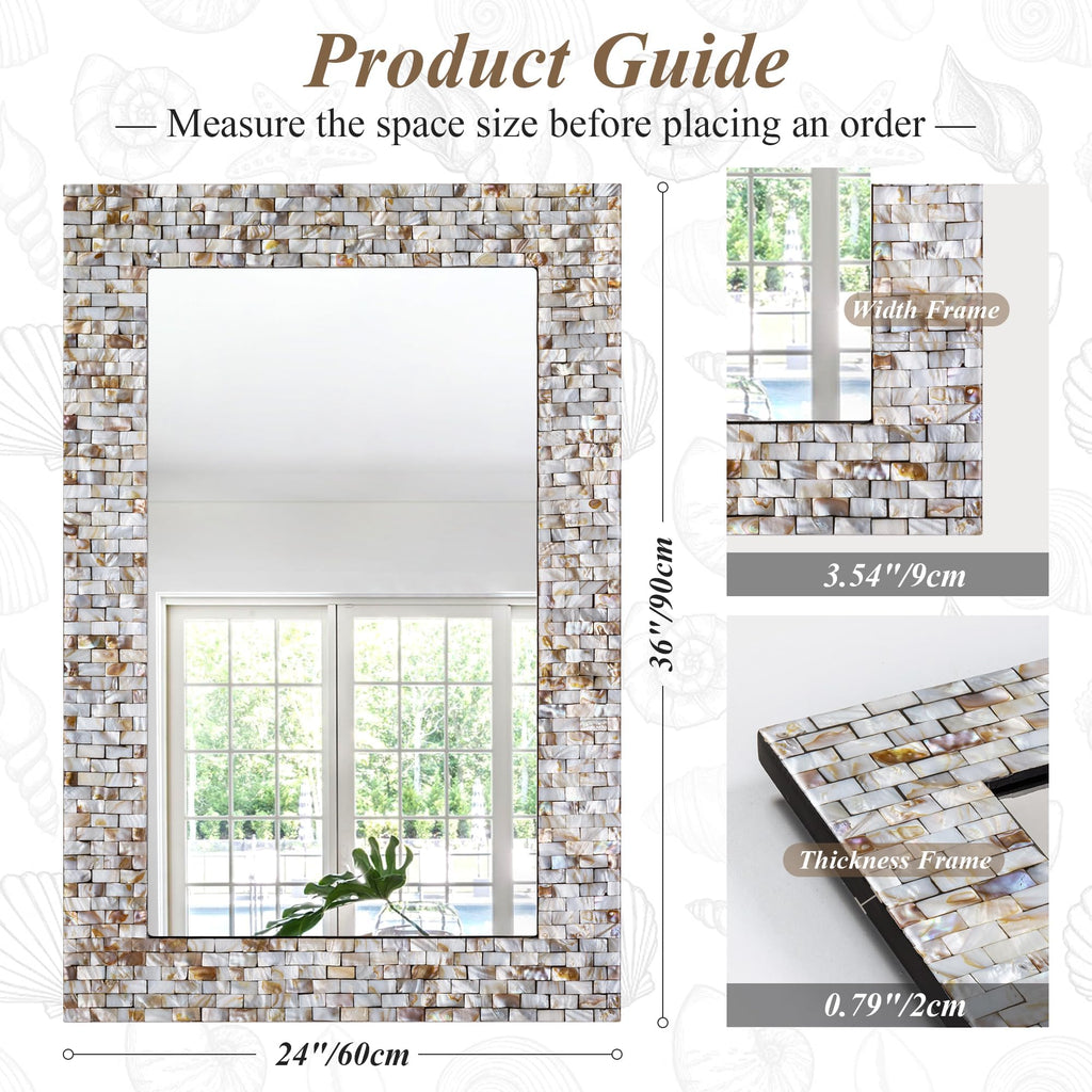 36" x 24" Large Bathroom Mirror Above Sink, Modern Coastal Mirror with Natural Capiz Seashell Frame