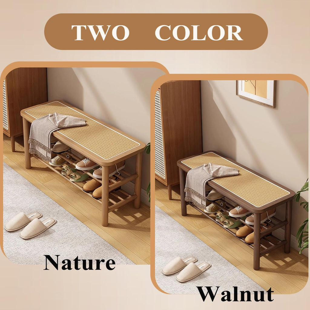 Bamboo Shoe Rack Bench with Rattan Seat, 3-Tier Shoe Storage Bench, Entryway Bench, Walnut 39.4 inches