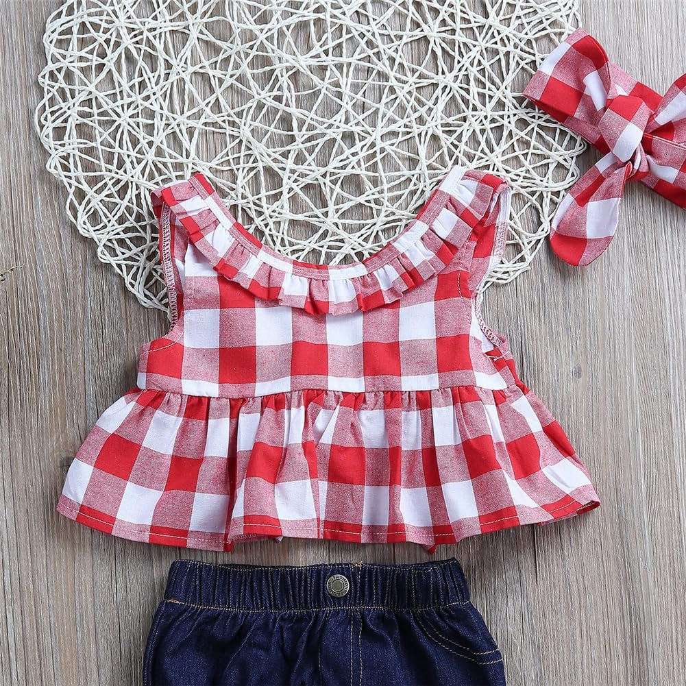 Baby Girl Ruffles Plaid Tunic Tops + Denim Bloomers + Headband 3PCS Sets