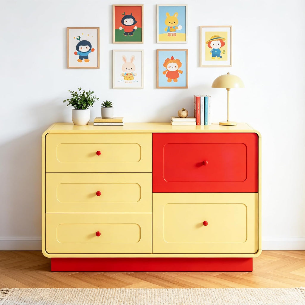 Yellow and Red 5 Drawer Dresser with Large Drawers Curved Edges | Modern Wooden 43.3" Wide Dressers, Storage