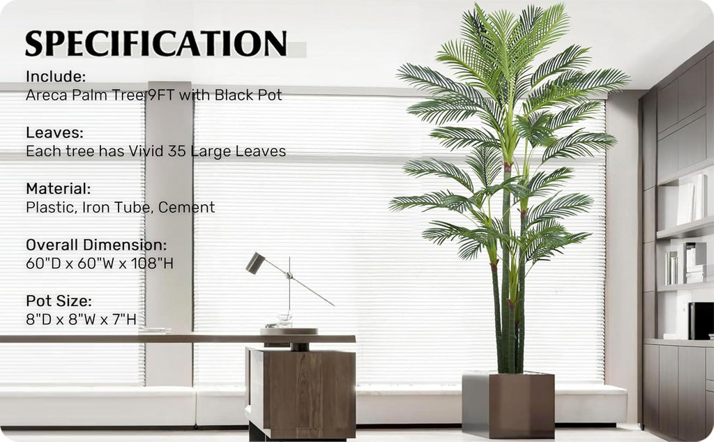 Artificial Areca Palm Tree 9FT with 35 Leaves Deluxe Realistic Tall Large Fake Faux Tropical Silk Plant 108 Inch