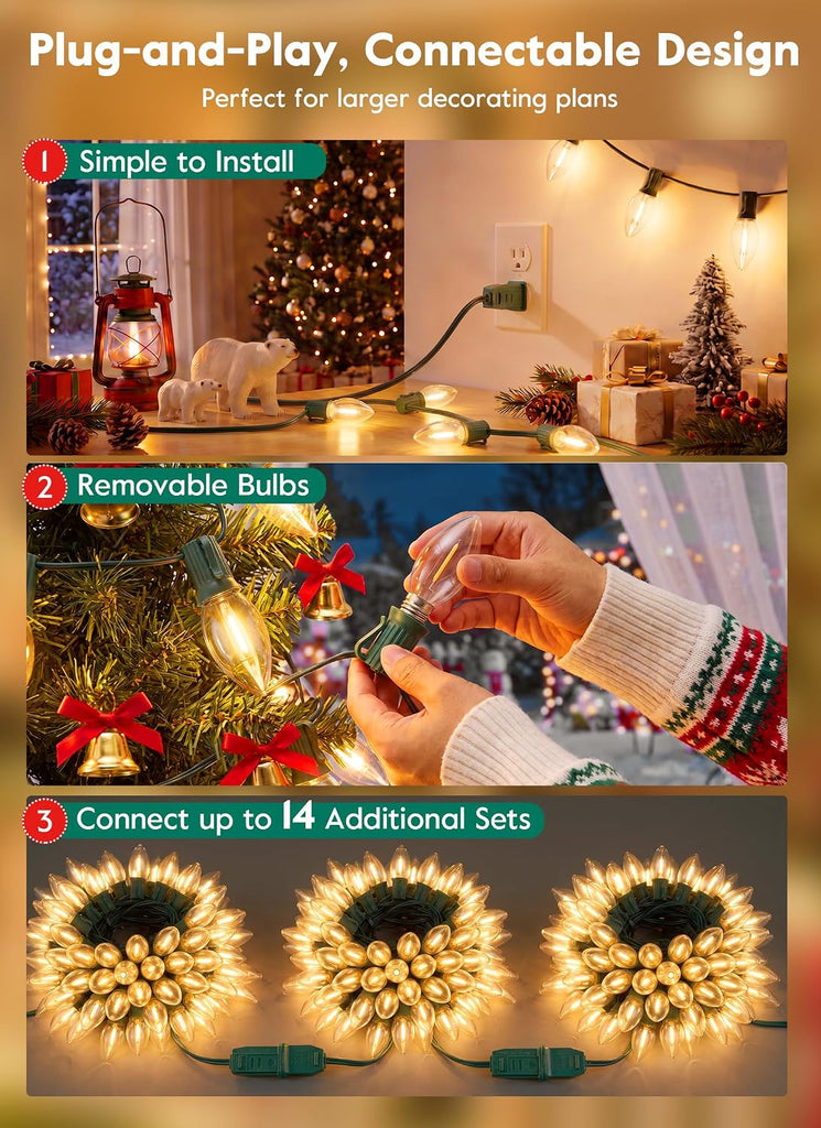 C9 Christmas Lights Outdoor, 100FT 50 Clear LED Bulbs, Warm White