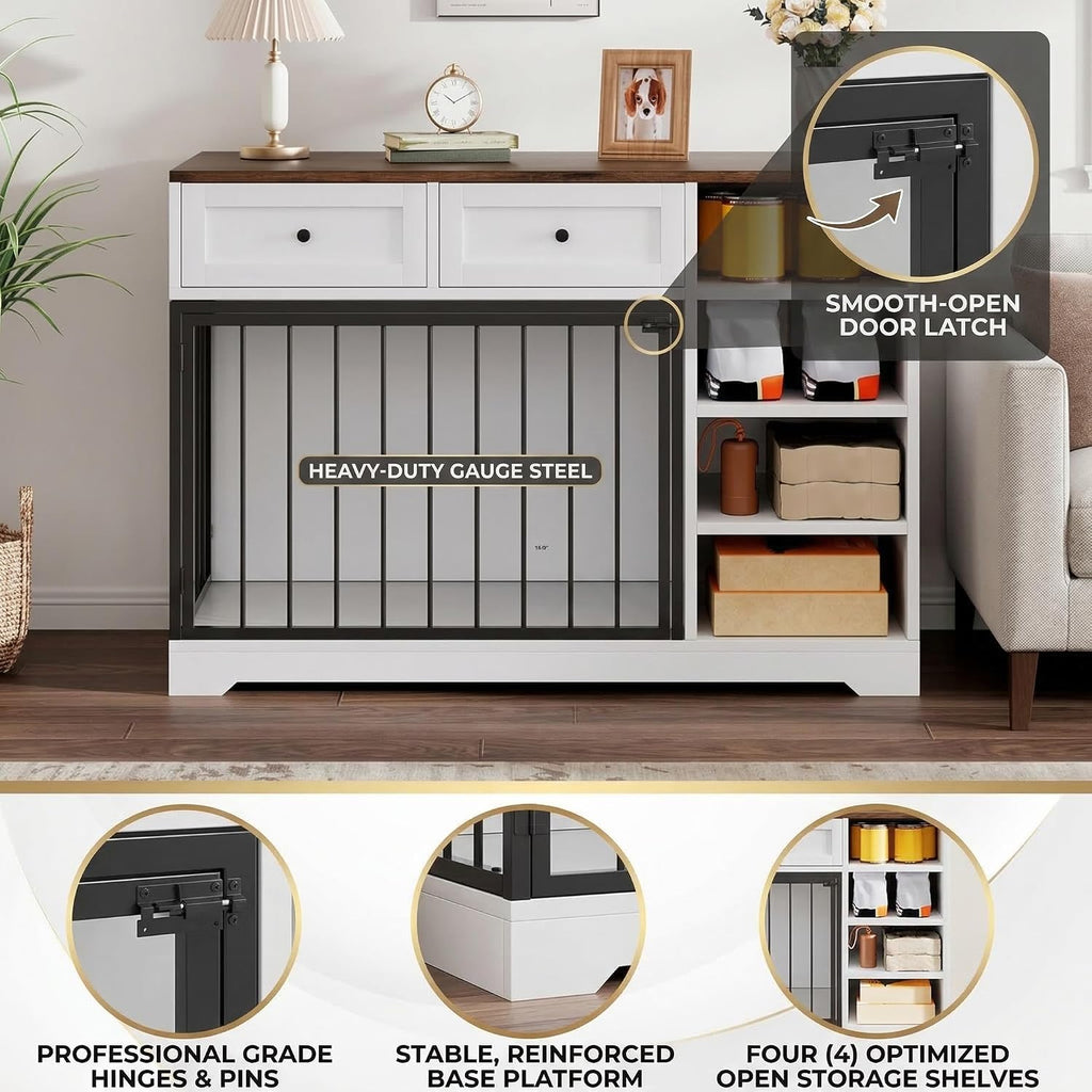 Dog Crate Furniture, Wooden Dog Crate End Table with Storage Drawers, Two-Door Dog Kennel Furniture for Small Dogs